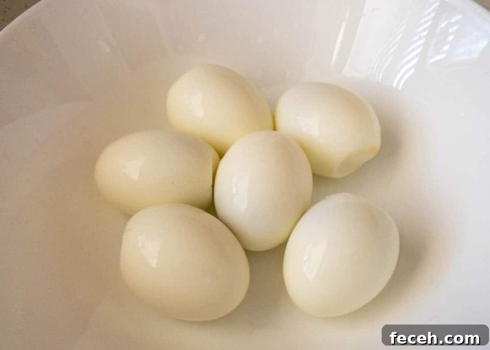Hard boiled eggs peeled and ready