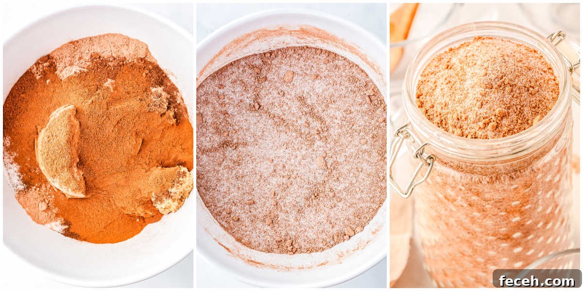 A picture collage showing the apple cider mix ingredients in a bowl, mixed together, and then placed into a storage jar.