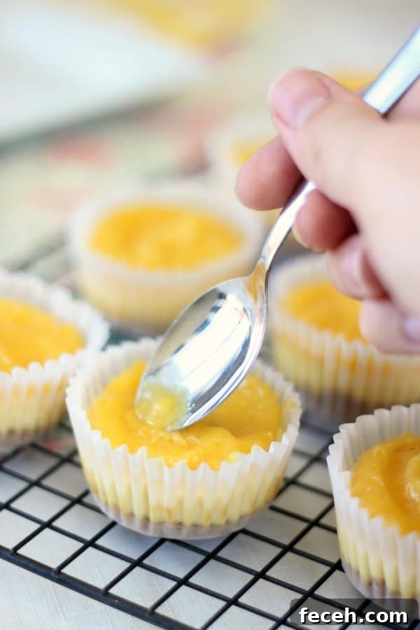 spoon spreading lemon curd on cheesecakes