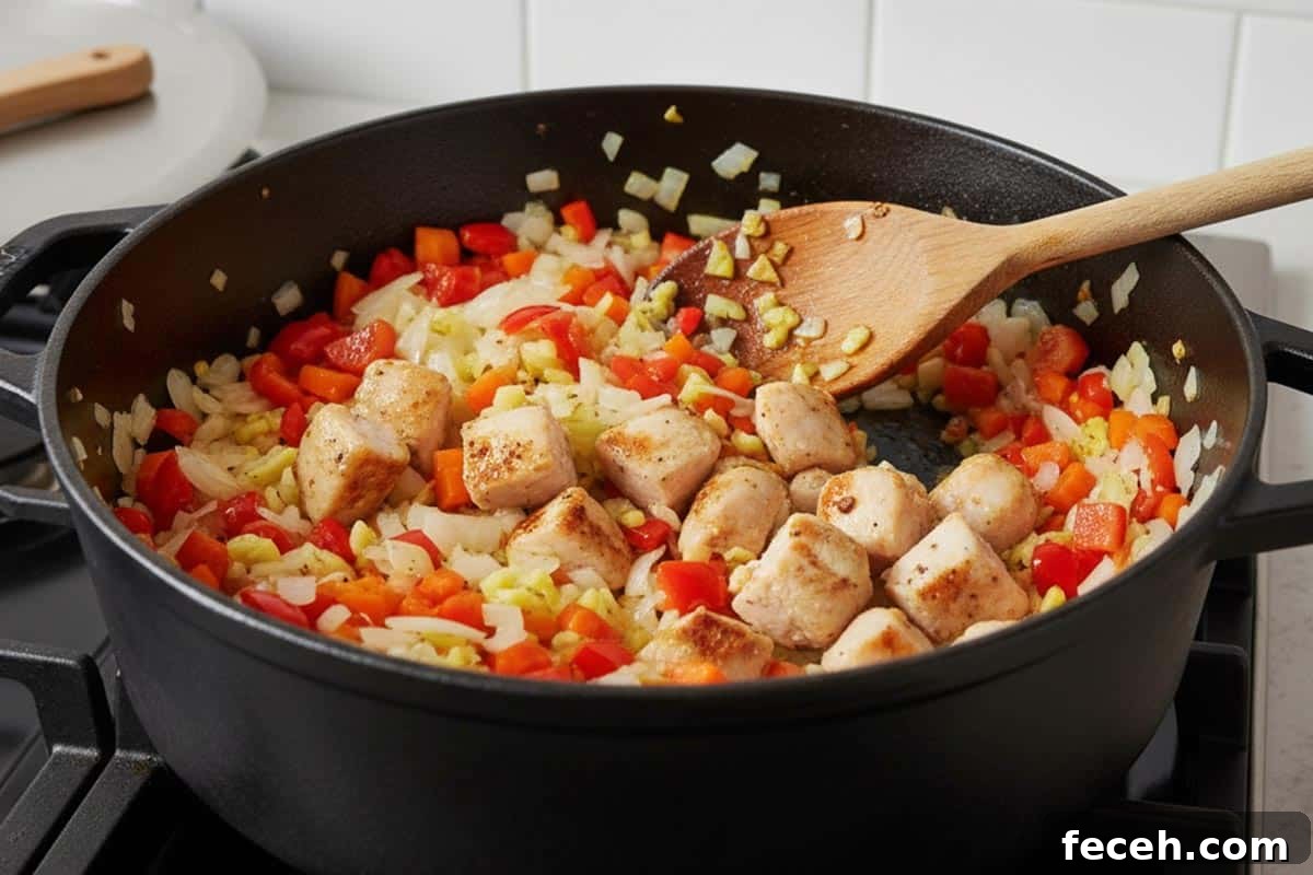 Hearty Chicken, Pumpkin & Lentil Stew Recipe 4 Cooking the onion, garlic, capsicum carrot, and chicken in a pot.