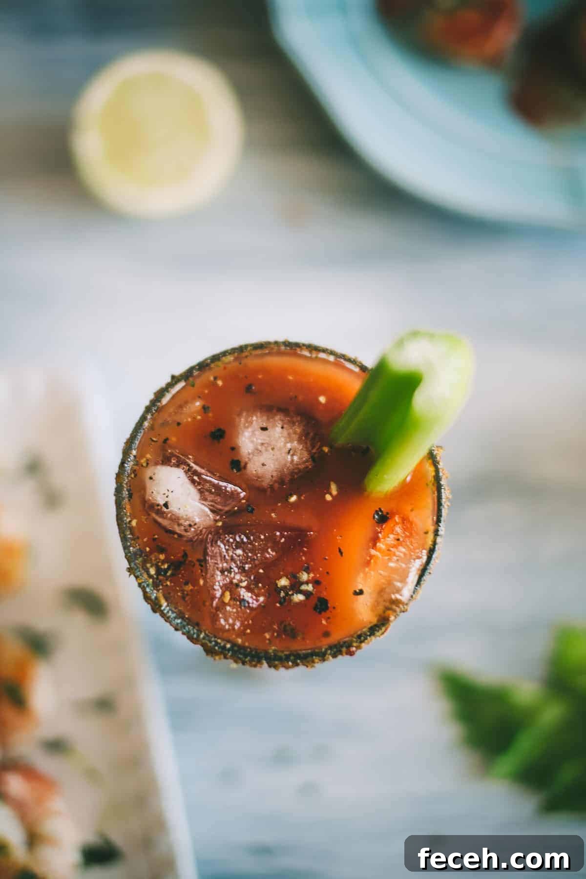Grilled Shrimp with Spicy Bloody Mary Dipping Sauce 5 Bloody Mary cocktail with celery garnish