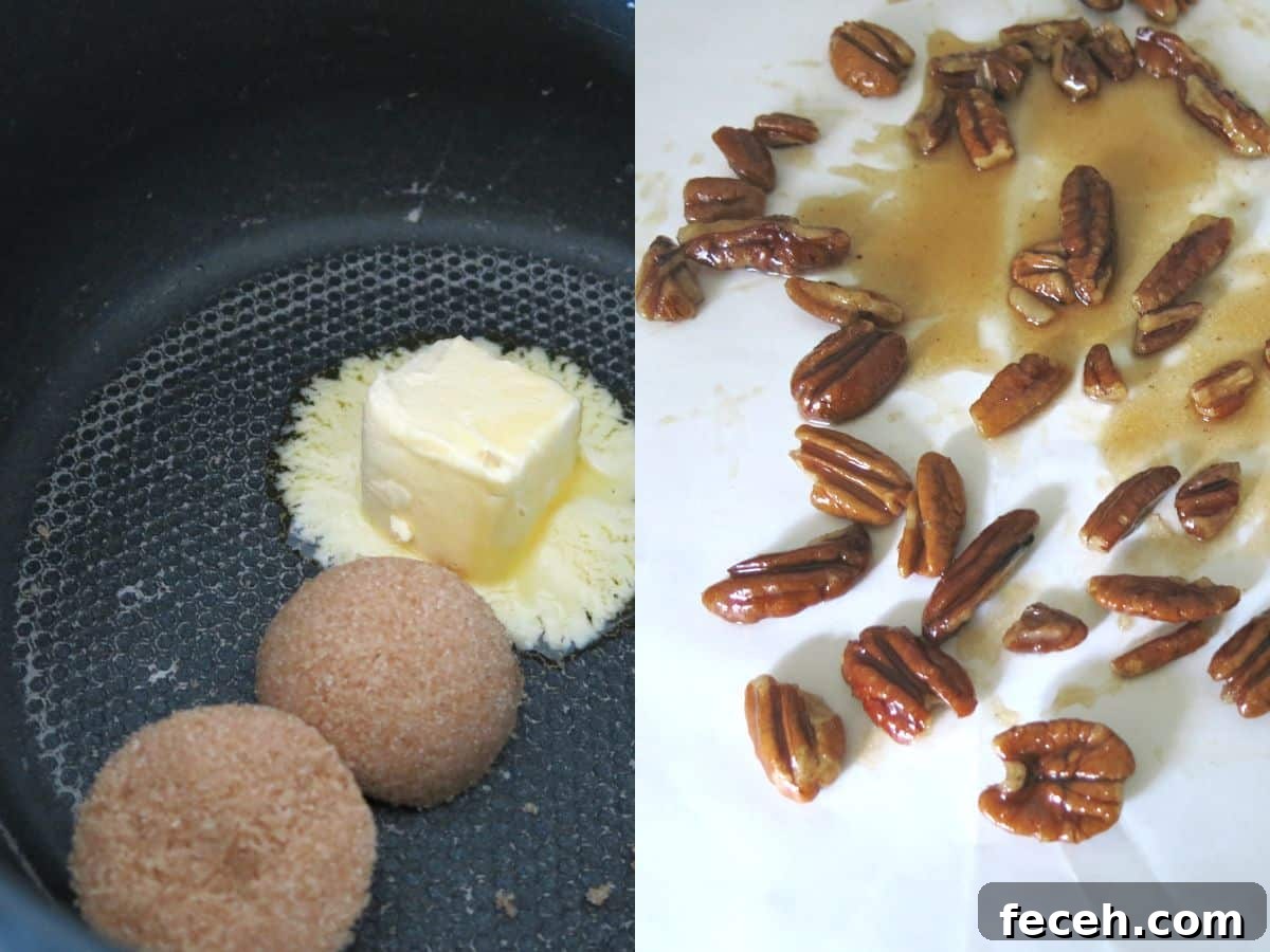 Summer Fennel Salad with Feta, Watermelon and Toasted Pecans 4 Collage of 2 pictures: butter and brown sugar in pan and coated pecans cooling on wax paper.