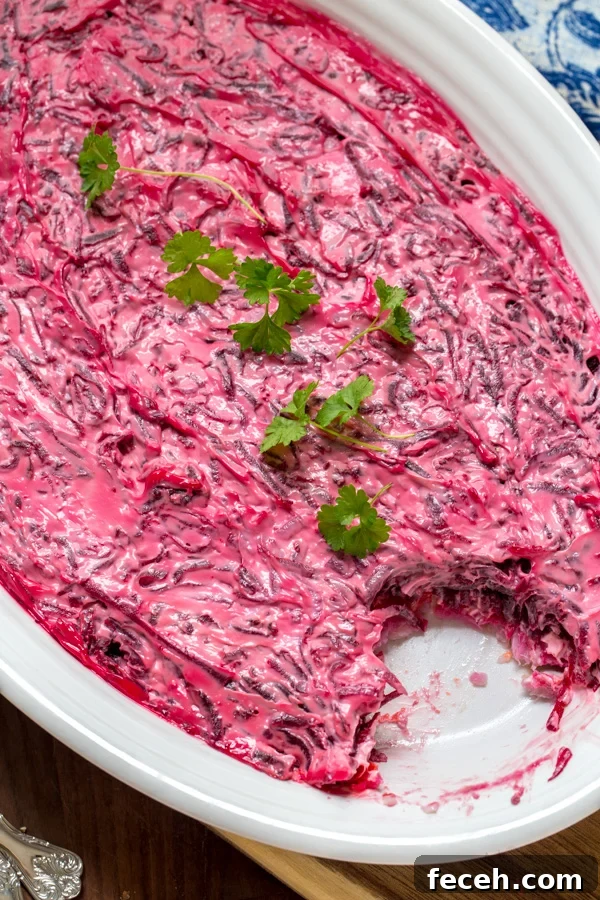 dressed herring salad called shuba or herring under a fur coat layered with beets and mayo