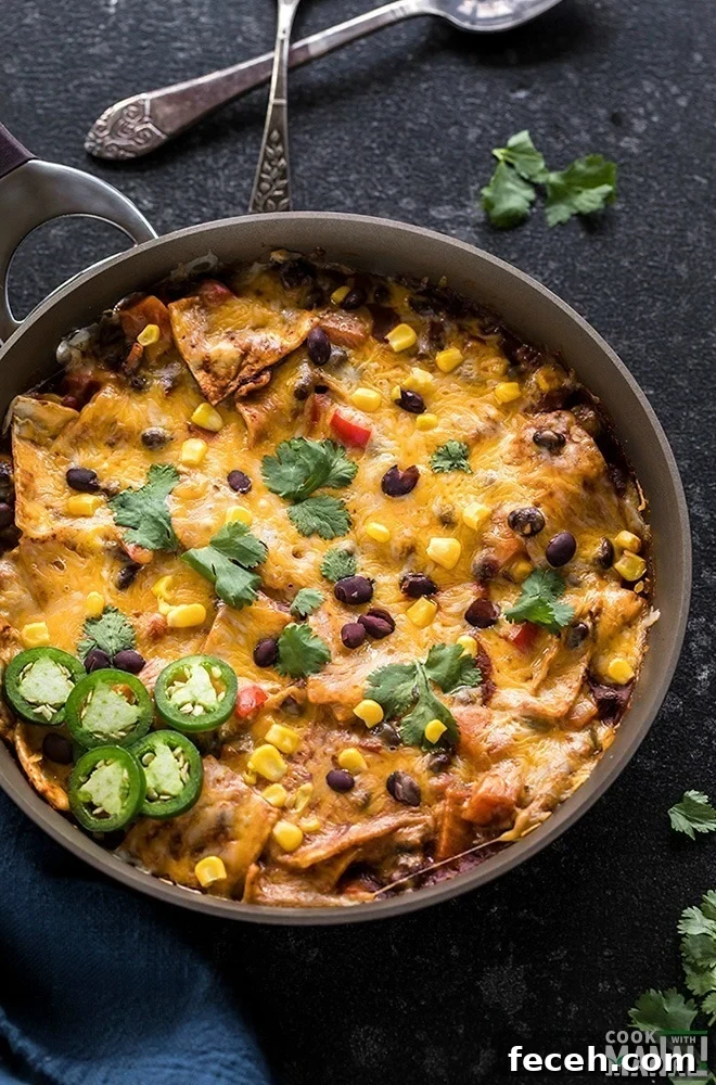 One-Pot Veggie Enchiladas with Cheesy Sauce 3 one-pot vegetarian enchiladas in a skillet garnished with cilantro and jalapenos