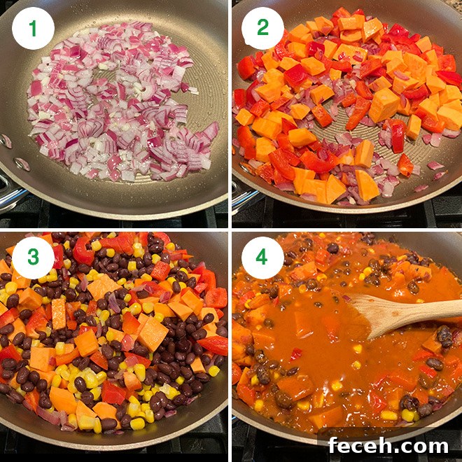 One-Pot Veggie Enchiladas with Cheesy Sauce 6 step by step picture collage of one-pot vegetarian enchiladas