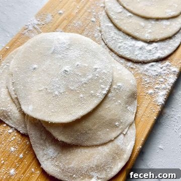 Homemade Gyoza Wrappers Recipe for Perfect Dumplings 12 gyoza wrappers on wooden board