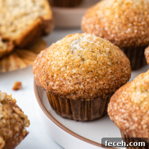 Moist Banana Muffins: Gluten-Free Recipe for Tender Muffins 13 A close-up of a golden brown gluten free banana muffin topped with coarse sugar crystals