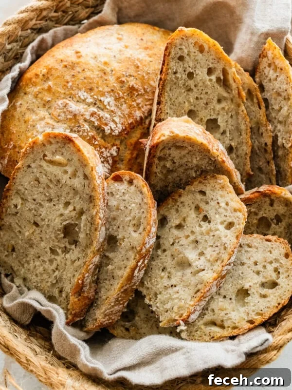 A basket of crusty Italian bread recipe made without any kneading.