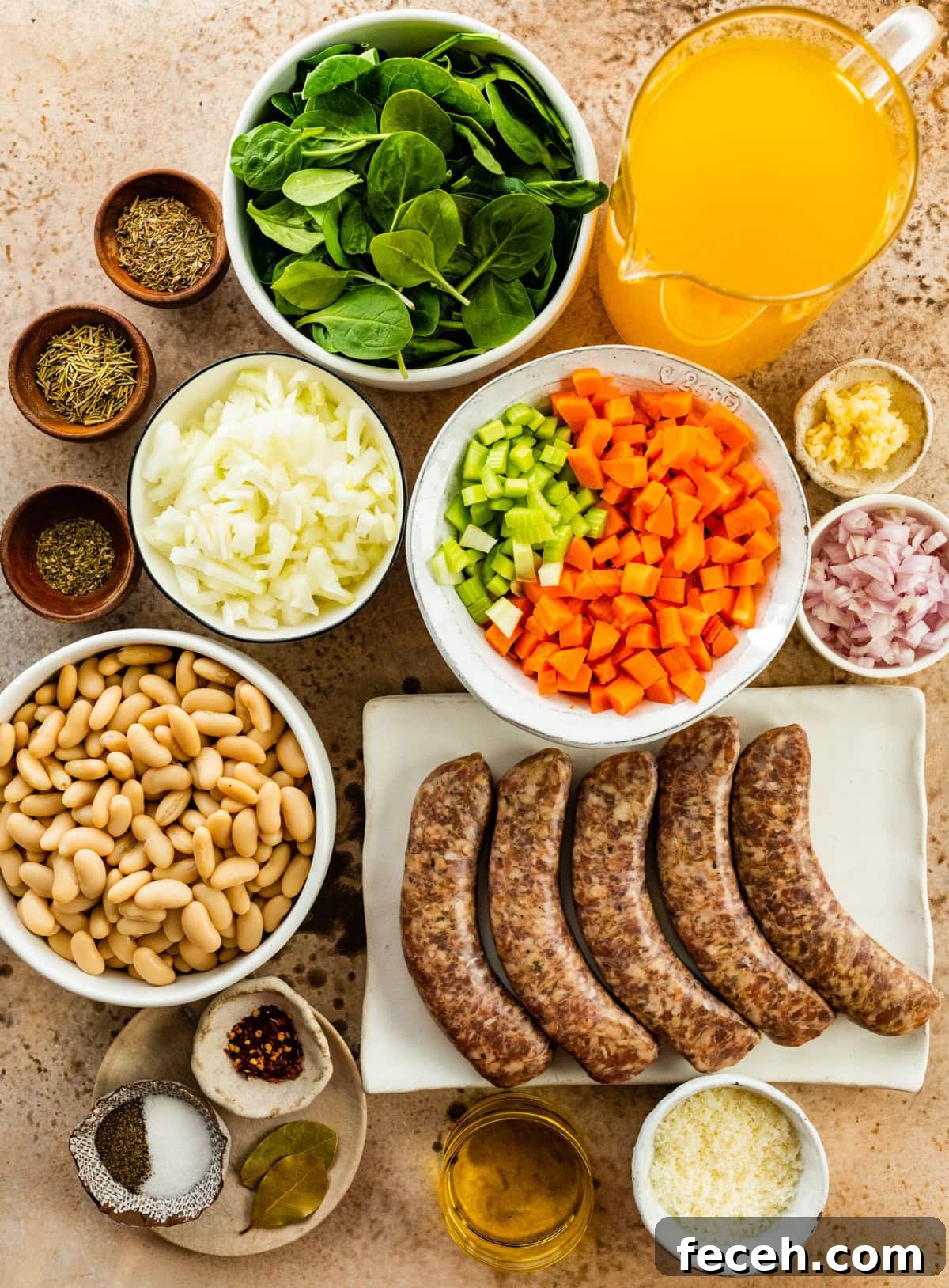 ingredients for Italian Sausage soup recipe including sausage and vegetables.