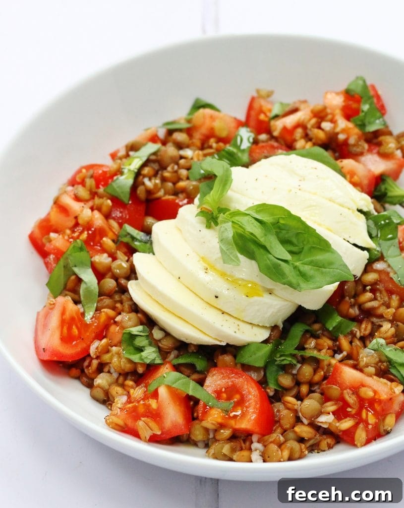 Spelt and lentil caprese salad