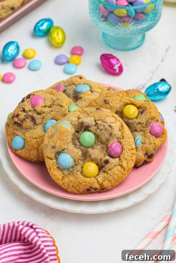 Classic Gingerbread Cookie Recipe for Soft, Spiced Cookies 13 Golden chocolate chip cookies with pastel candies on plates, in front of candy dish and glasses of milk.