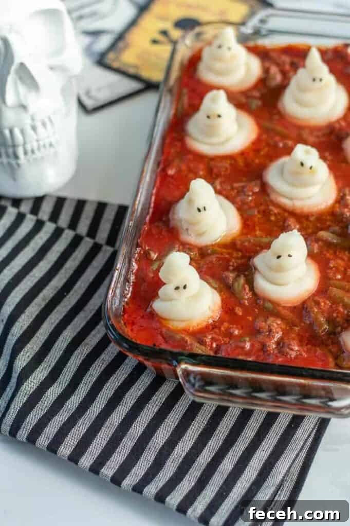 halloween dinner of ghost shepherd's pie in a glass dish