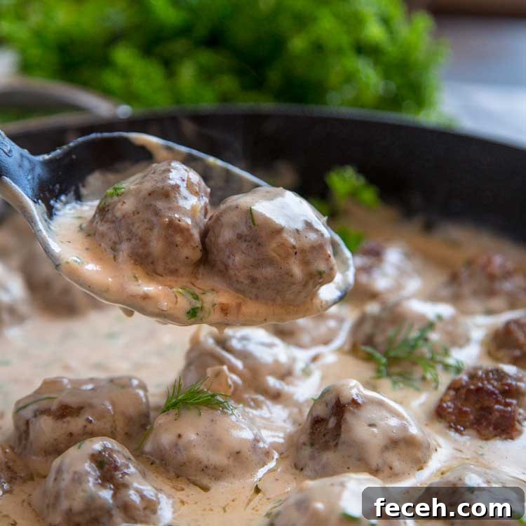 A close up of a plate of saucy Swedish meatball
