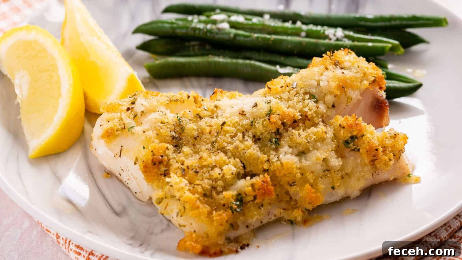 Panko-crusted cod fish on a plate with green beans.