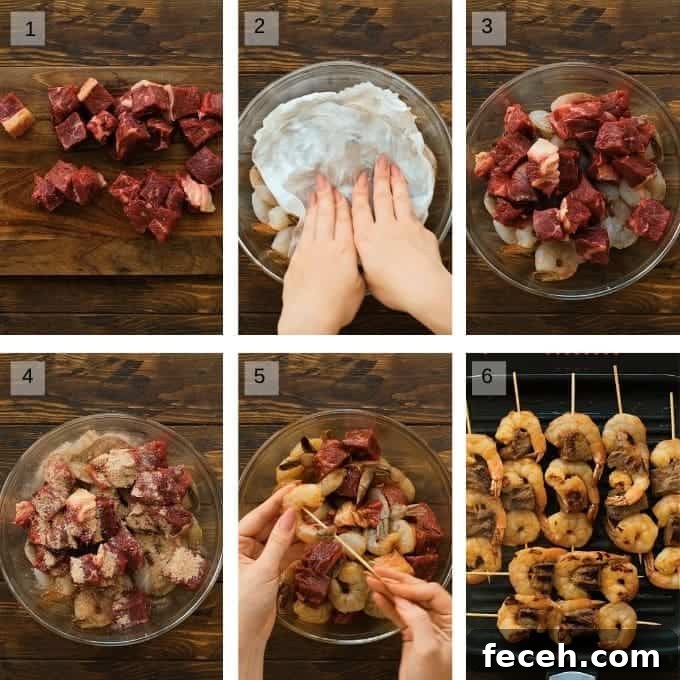 Collage of six images showing how to make steak and shrimp kabobs