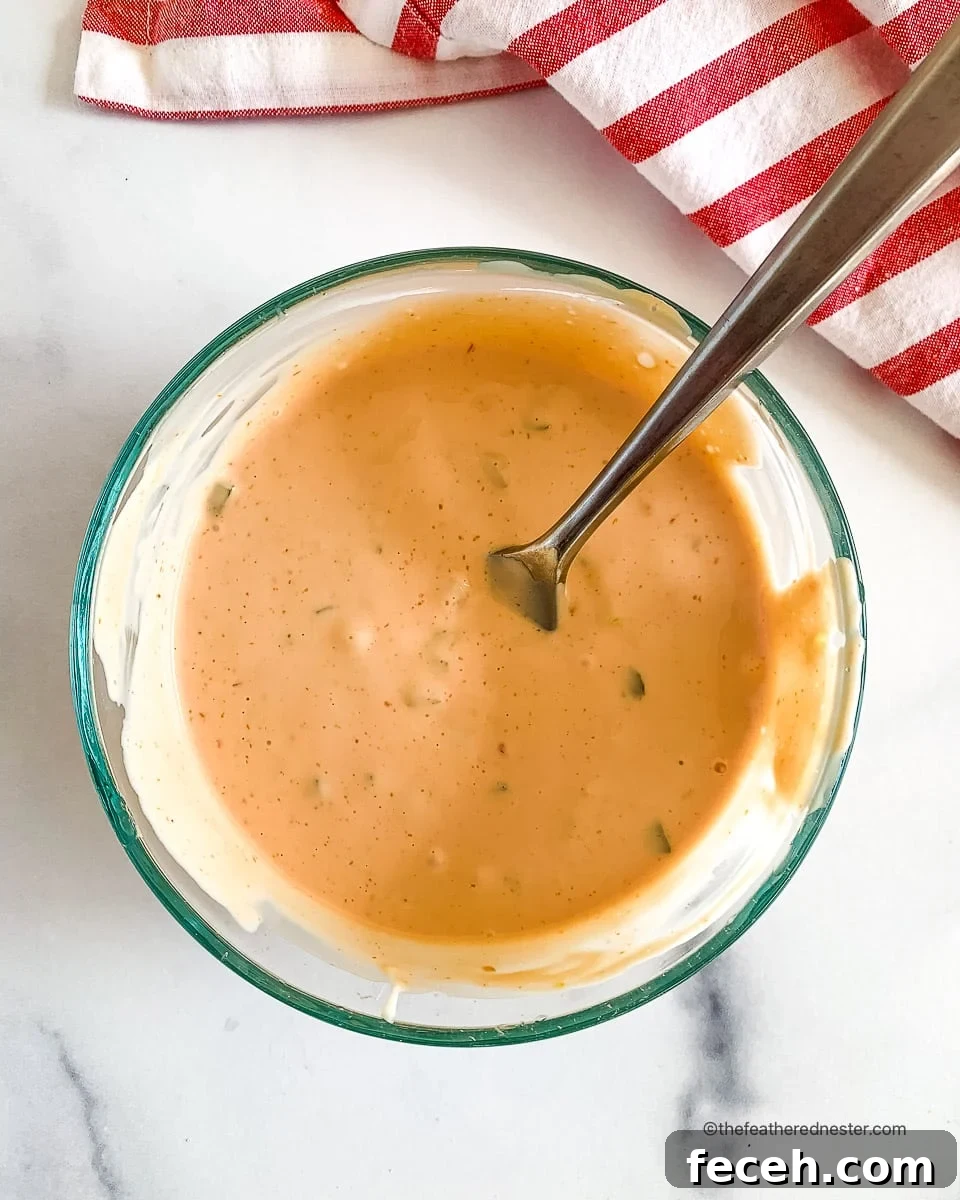 In-N-Out Spread Copycat Recipe: How to Make the Famous Sauce 2 Looking down into a bowl of creamy fry sauce.
