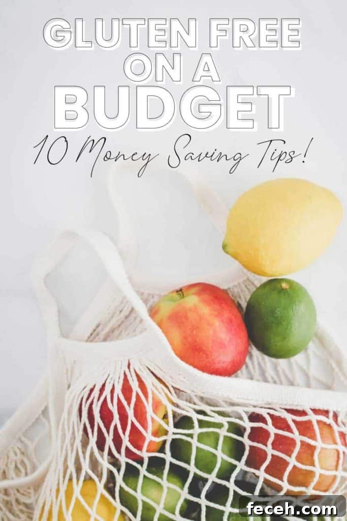 Gluten free on a budget, 10 money saving tips, mesh reusable shopping bag with apples, lemons, and limes spilling out.