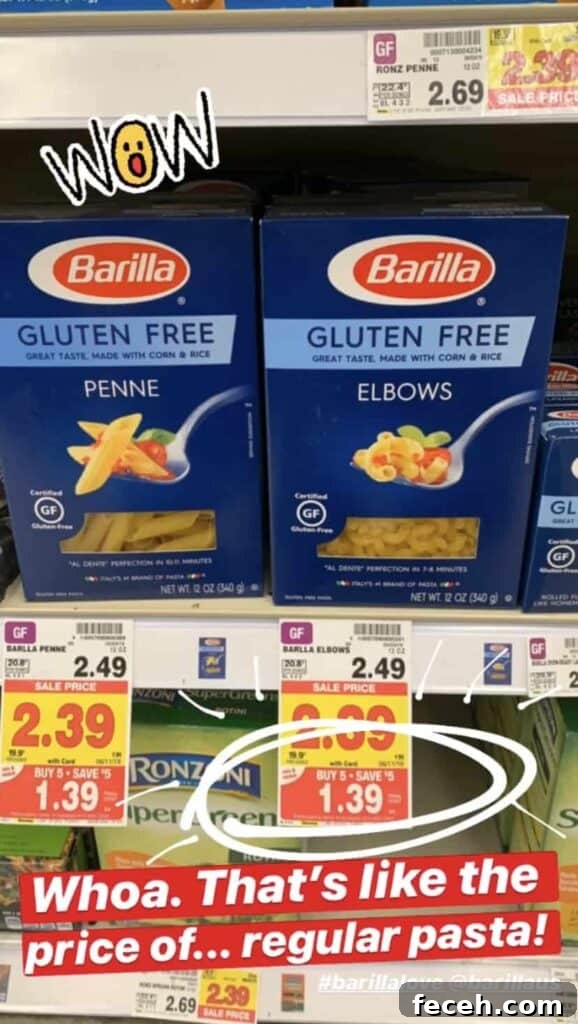 Barilla gluten free pasta on store shelf, on sale for 1.39 each!