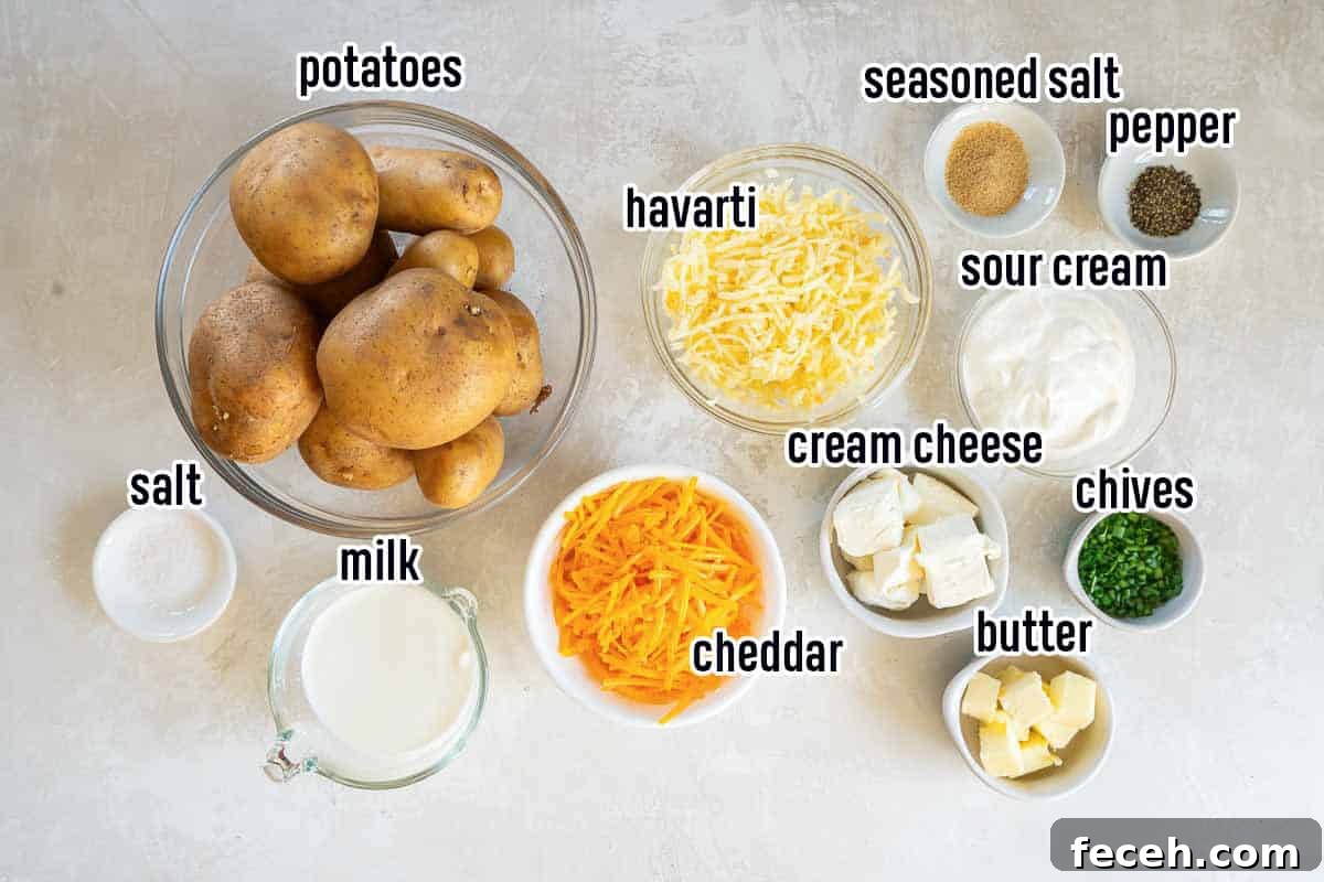 Make-Ahead Mashed Potatoes: Make and Reheat Ahead for Holidays 4 Potatoes, cheese, and other ingredients with text overlay.