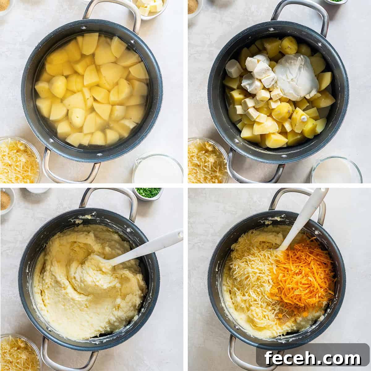 Make-Ahead Mashed Potatoes: Make and Reheat Ahead for Holidays 5 Four images of mashed potatoes being made with cheese in a pot.