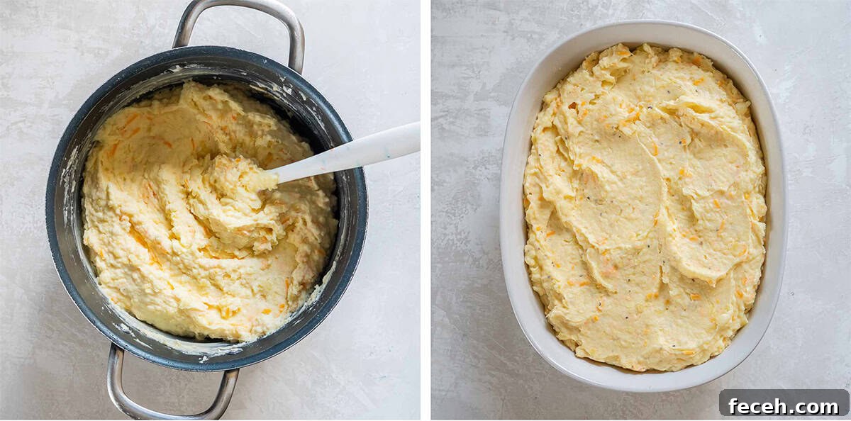 Make-Ahead Mashed Potatoes: Make and Reheat Ahead for Holidays 6 Two images of a spoon resting in a pot of mashed potatoes and mashed potatoes in a baking dish.