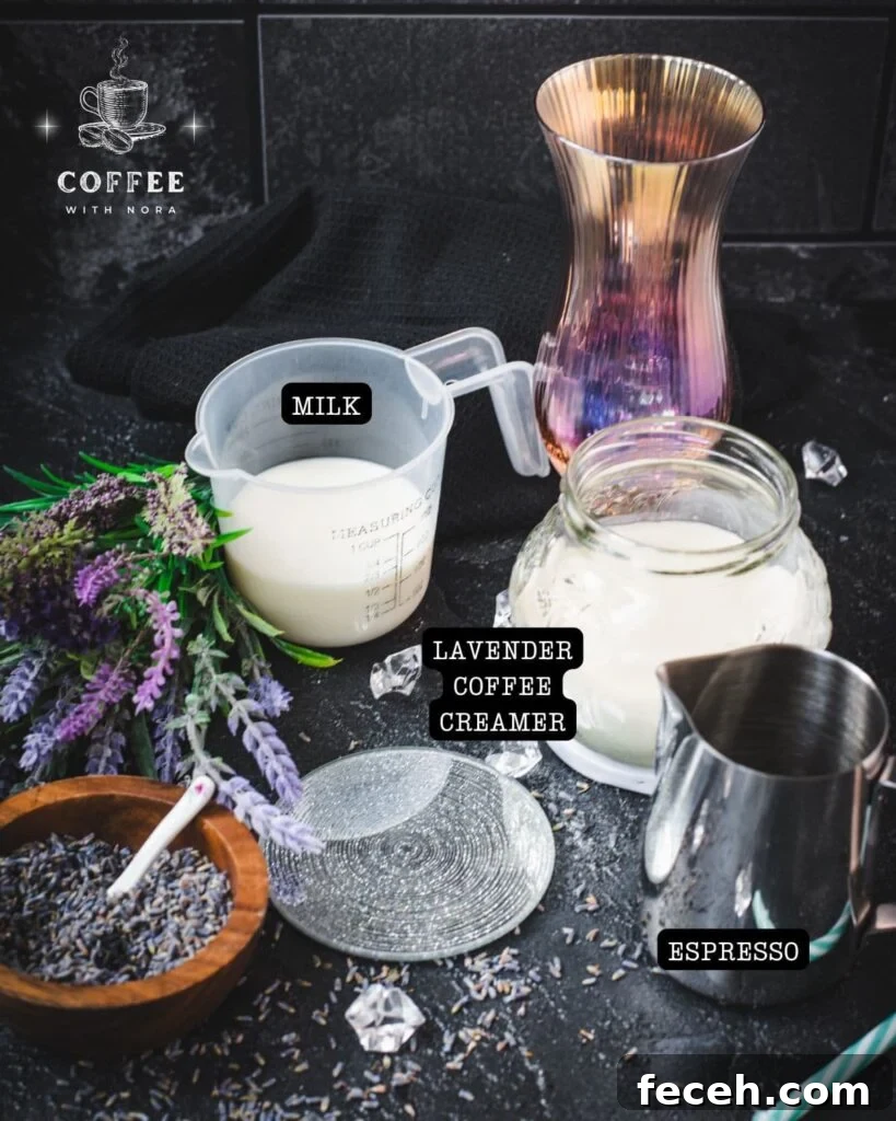 Iced Lavender Latte Recipe: How to Make a Floral Cold Coffee Drink 3 Ingredients - lavender iced latte - lavender coffee creamer, milk, espresso, crushed ice, lavender buds.