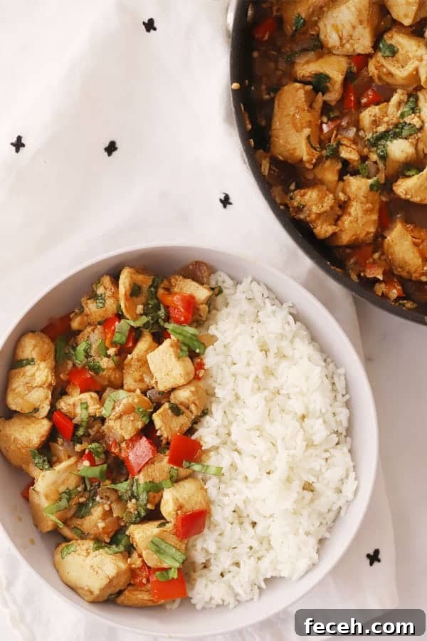 Thai Basil Chicken Stir-Fry Recipe with Garlic and Chilies 4 A serving bowl filled with white rice and thai chicken and basil stir fry.