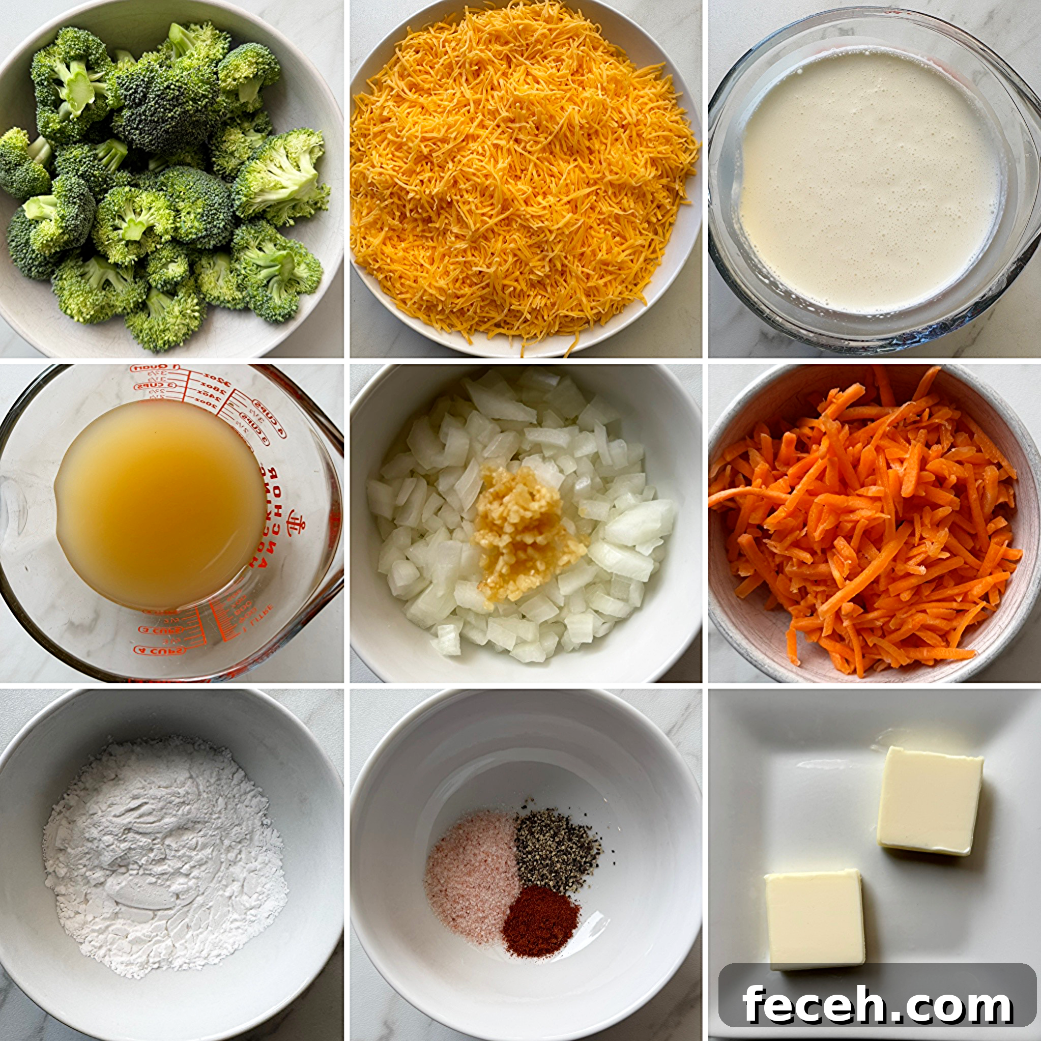collage of ingredients for Slow Cooker Broccoli Cheddar Soup 