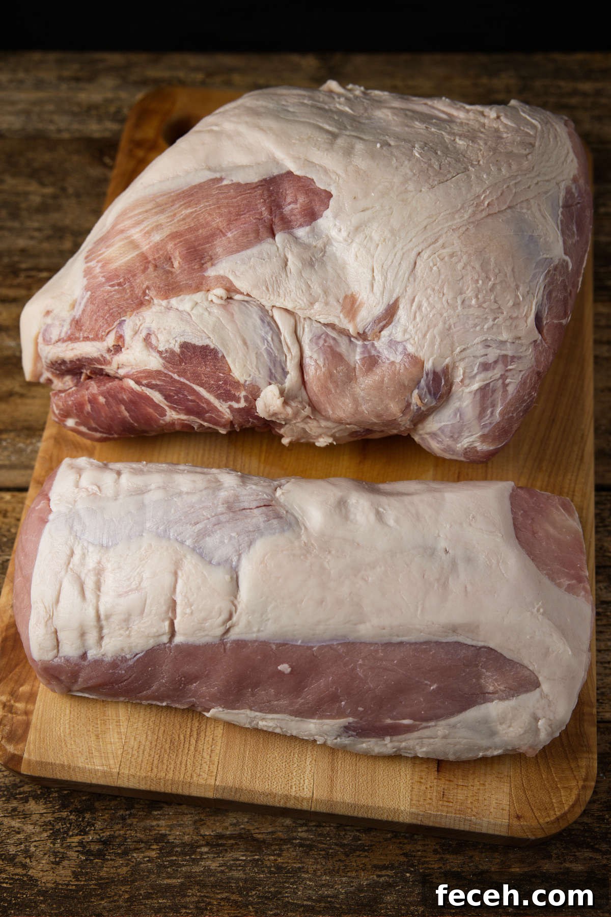Pork Loin vs Pork Shoulder: Which Cut Should You Cook Tonight? 3 Pork shoulder vs pork loin side-by-side laying on a butcher block.