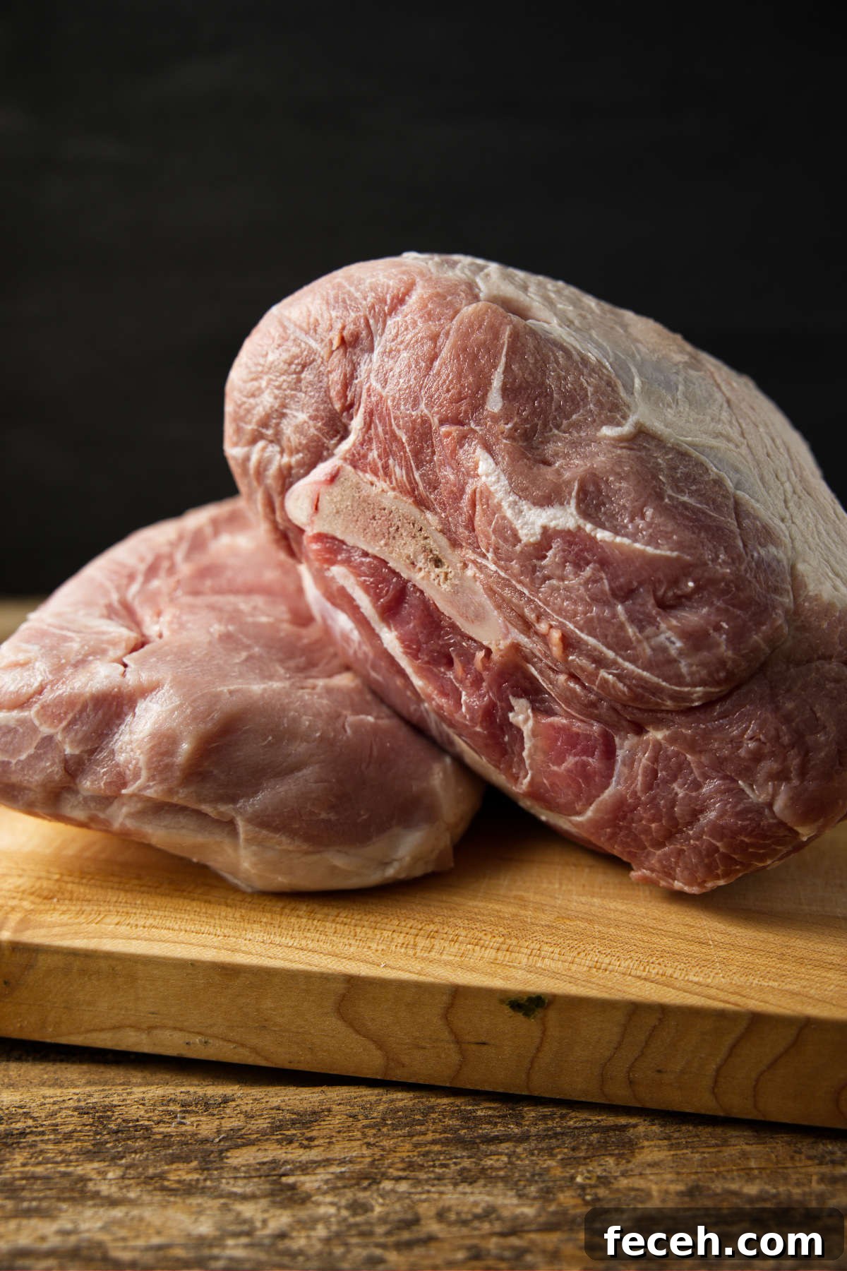 Pork Loin vs Pork Shoulder: Which Cut Should You Cook Tonight? 7 Pork shoulder and pork loin stacked on top of eachother on butcher block.