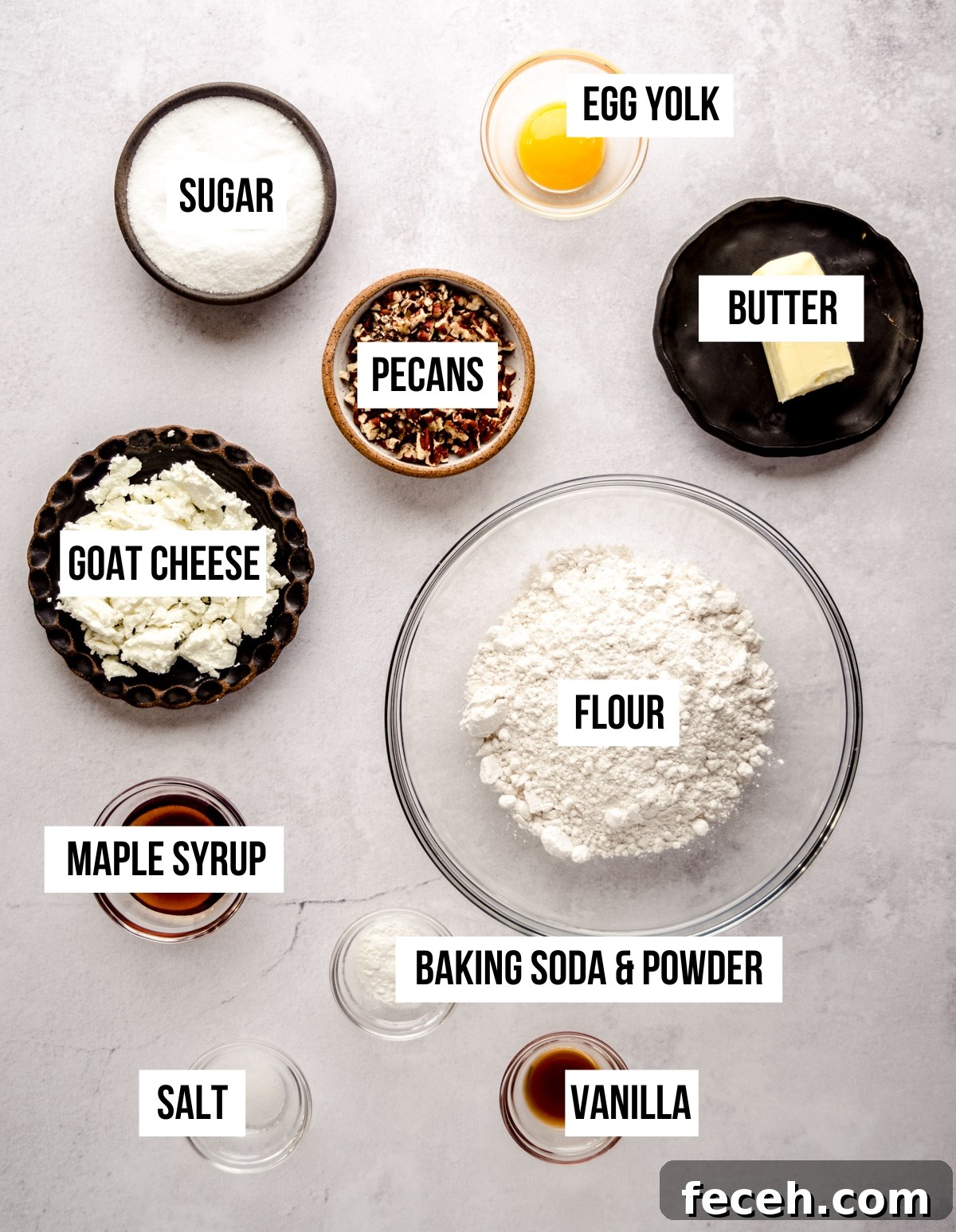 Aerial photo of ingredients for goat cheese sugar cookies labeled with text overlay.