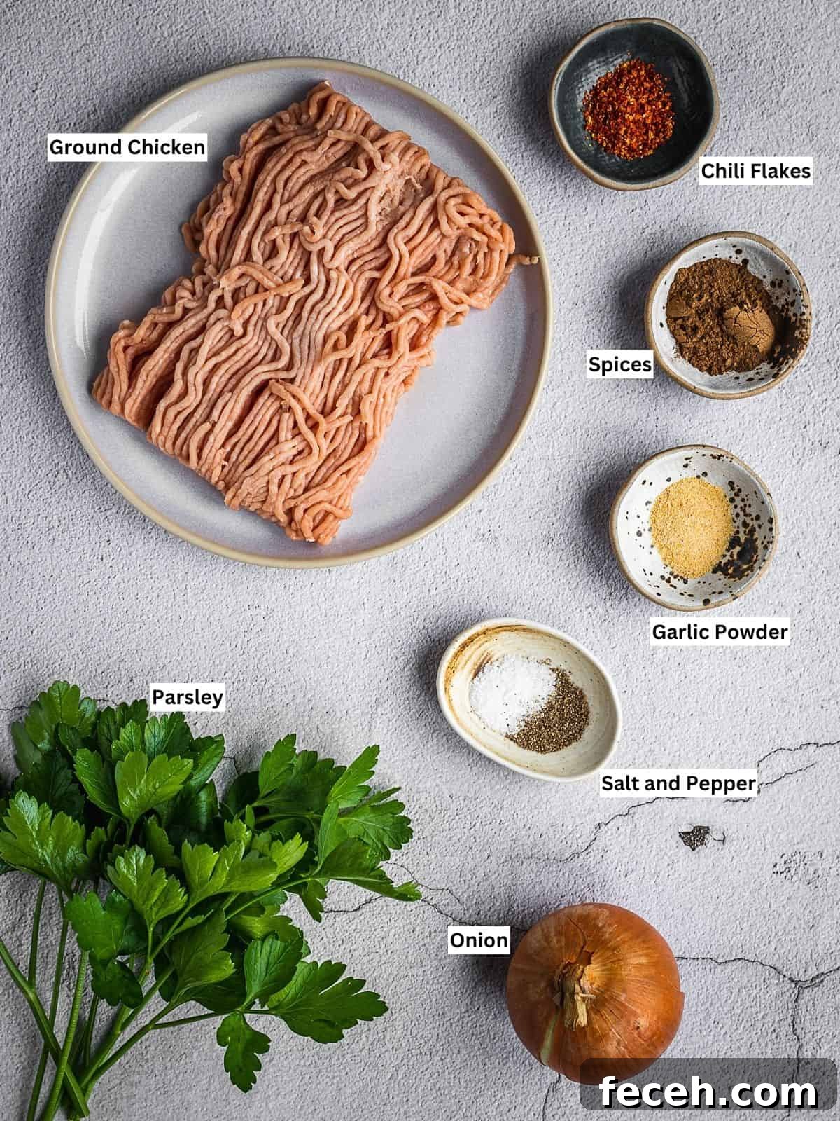 Chicken Kafta recipe ingredients on a board.