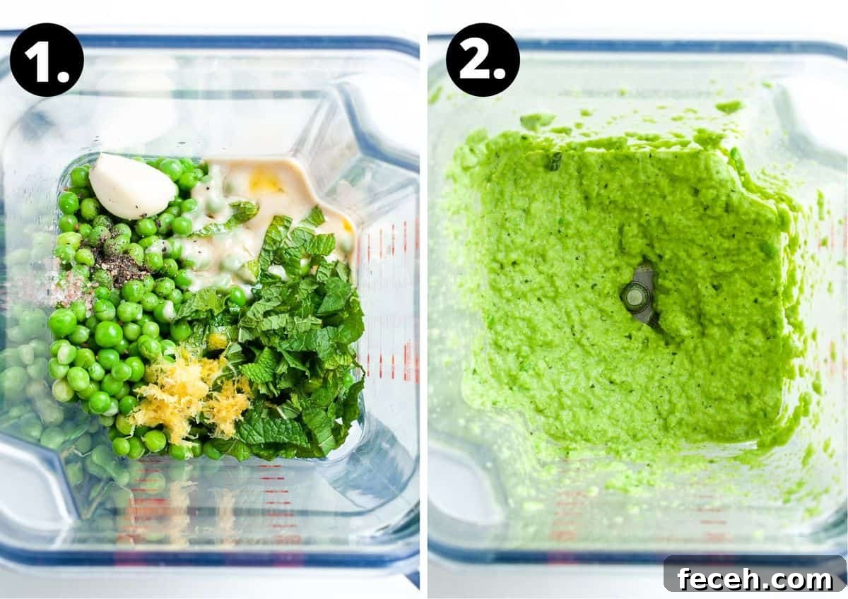The two steps to make this recipe in a photo collage - all of the ingredients in a blender, and the blended dip.