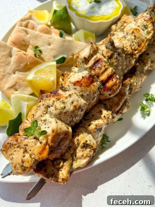 Chicken Souvlaki Skewers with herbs are served on a plate with pita bread, lemon wedges, a small bowl of creamy dip, and fresh herbs, all beautifully arranged in bright natural light.