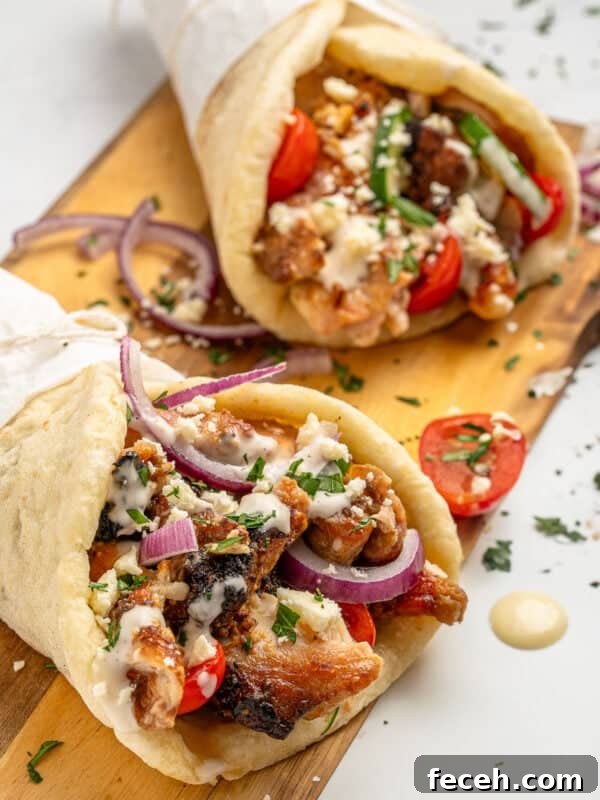 Two gyros filled with grilled meat, fresh tomatoes, red onion slices, crumbled feta, and herbs are served on a wooden board. A creamy sauce is drizzled on top, and the gyros are wrapped in pita bread.