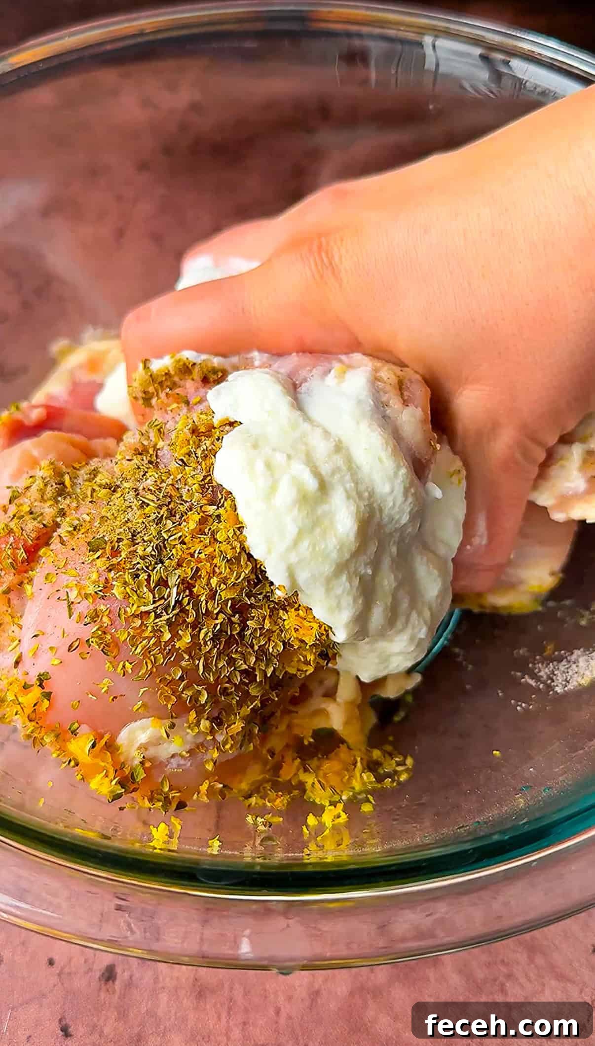 Hand mixing raw chicken pieces with a marinade of yogurt, herbs, and spices in a glass bowl.