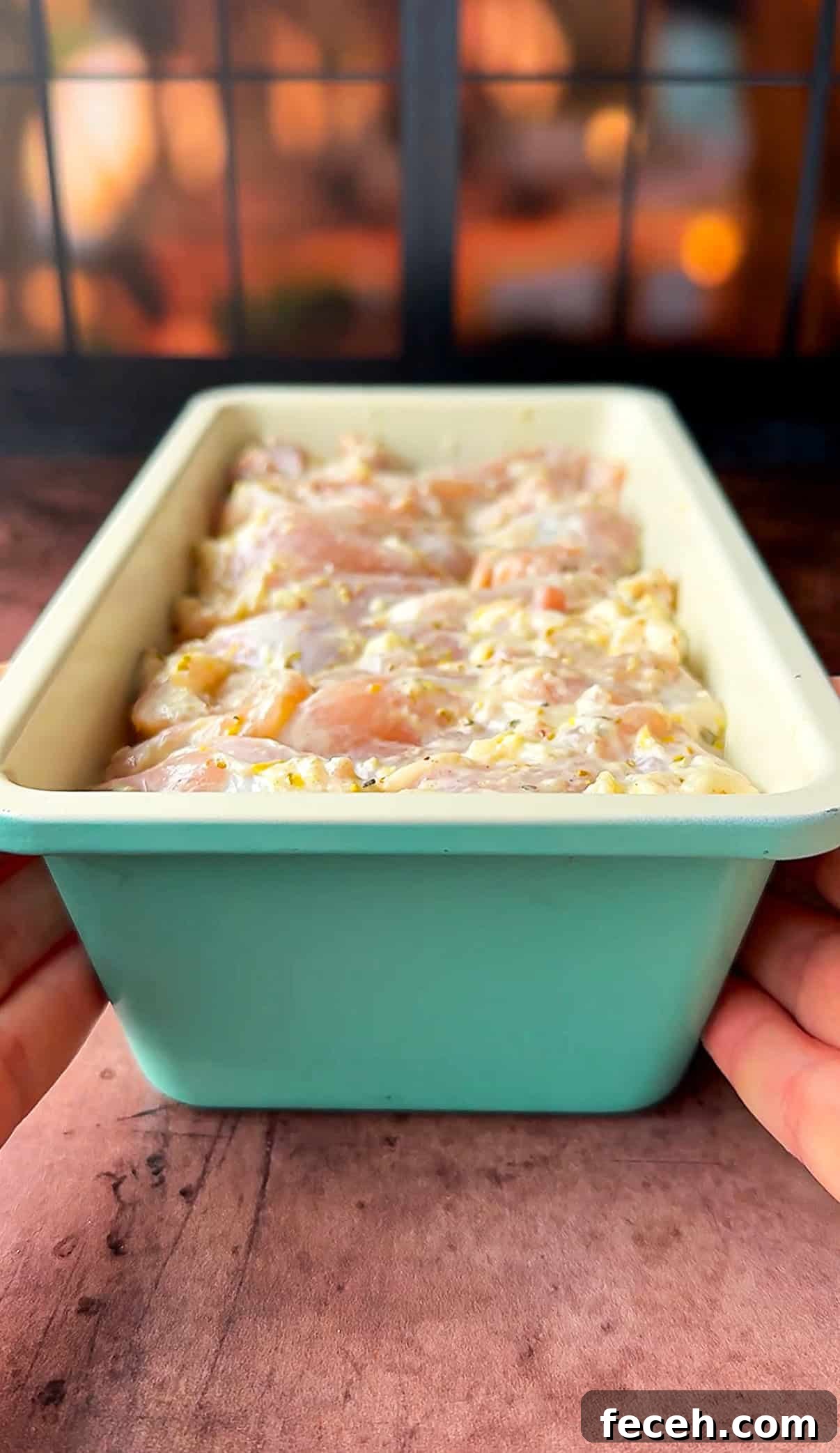 Hands holding a light blue loaf pan filled with marinated thighs, ready to be cooked. The background shows a warm, softly lit kitchen.