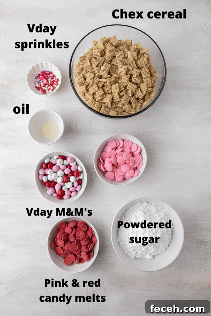 Ingredients including Chex cereal, candy melts, powdered sugar, oil, M&M’s, and sprinkles