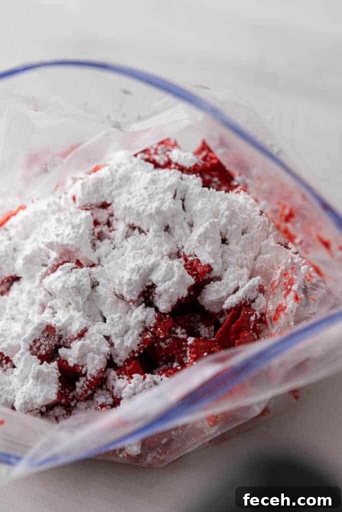 Powdered sugar coating cereal in a ziplock bag