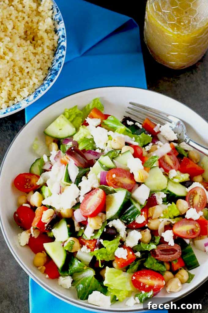 Crisp Chopped Greek Salad with Feta and Lemon Dressing 4 The best Chopped Greek salad served in a bowl.
