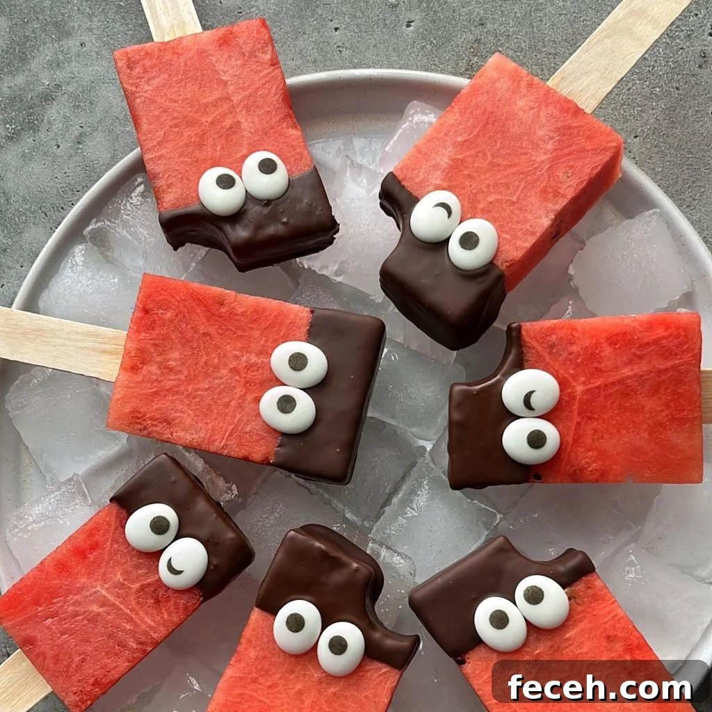 Watermelon popsicles with chocolate-dipped tops and candy eyes are arranged in a circle on a plate of ice.