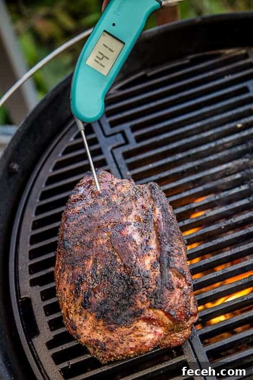 Citrus-Marinated Grilled Pork Collar Recipe for Juicy Flavor 5 Thermapen inserted into a Pork Collar to take the internal temperature of the meat