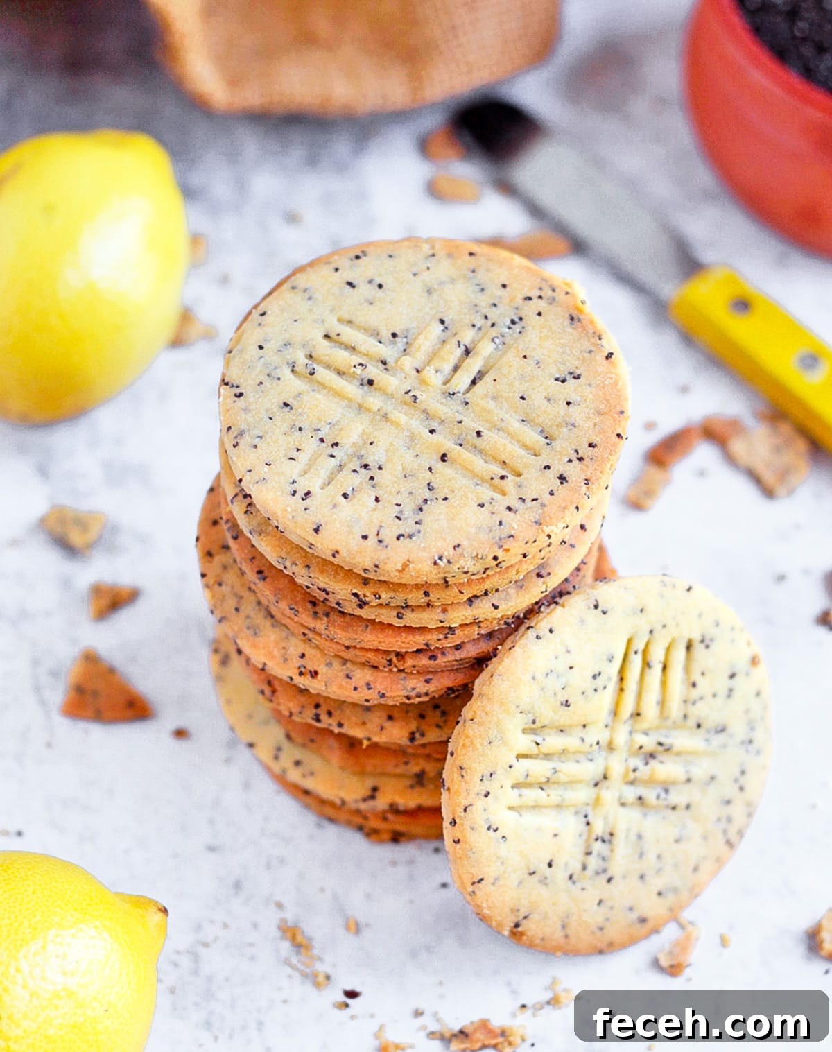 Top view on the cookie stack surrounded by lemons