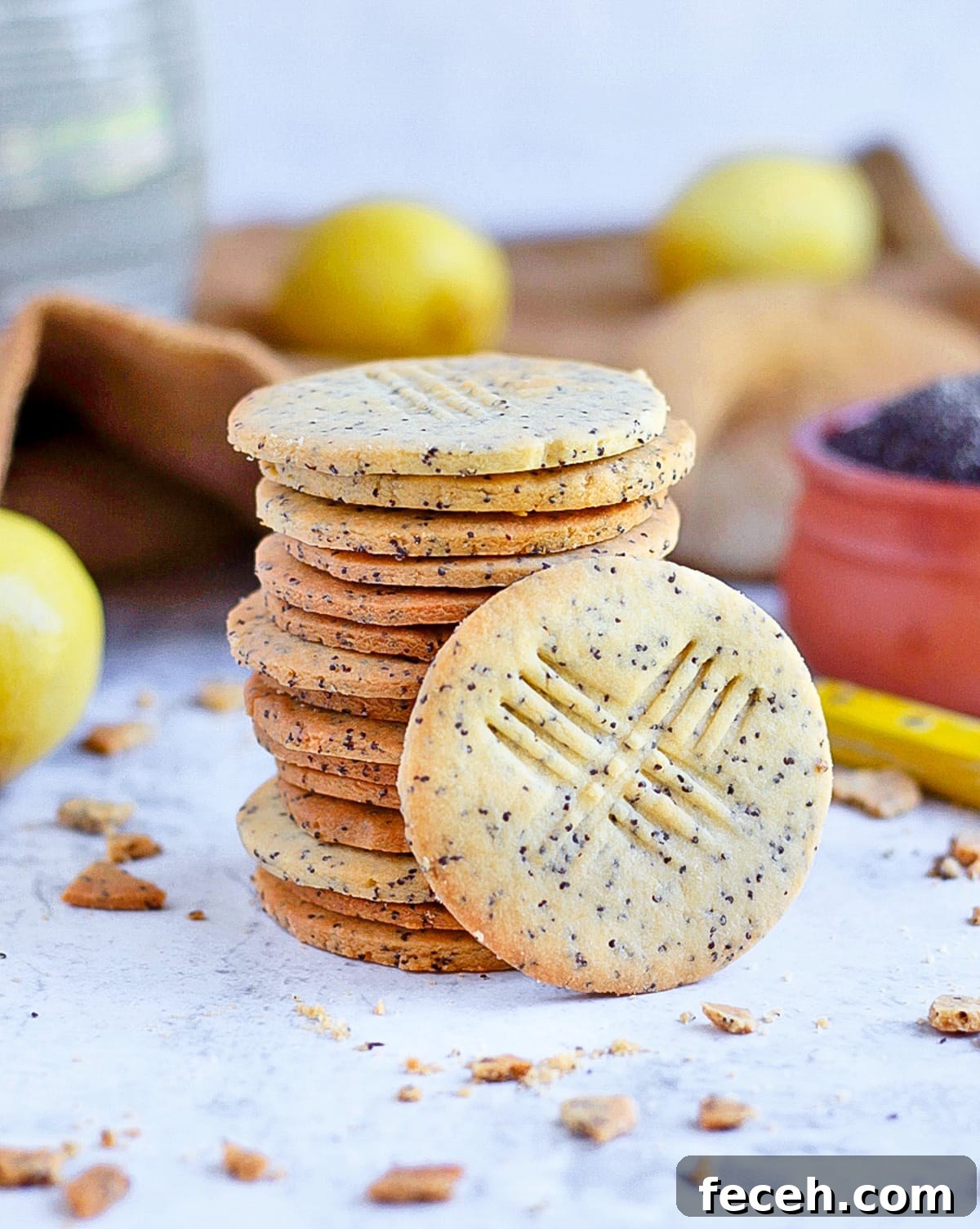 Poppy Seed Cookie Stack with fresh lemons