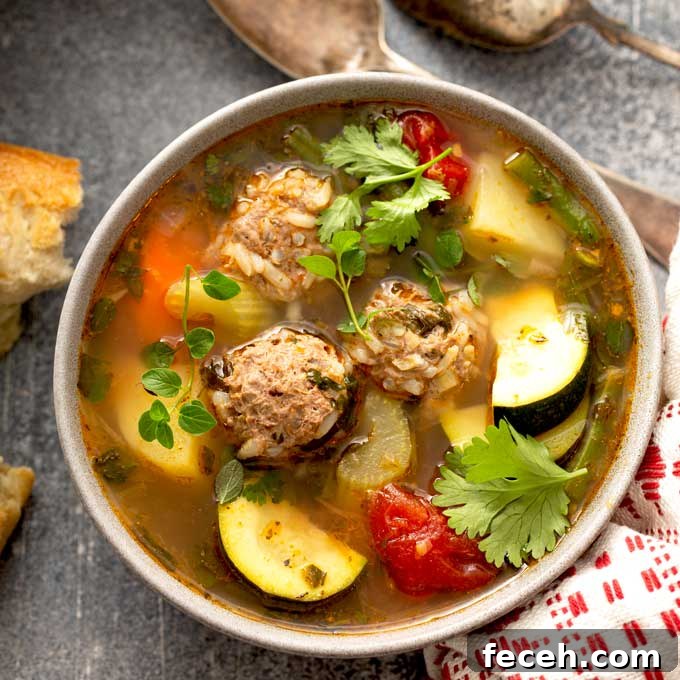 Cook Once, Eat Twice: Budget Meals That Become Delicious Leftovers 12 top view of a bowl of Mexican Meatball Soup garnished with cilantro