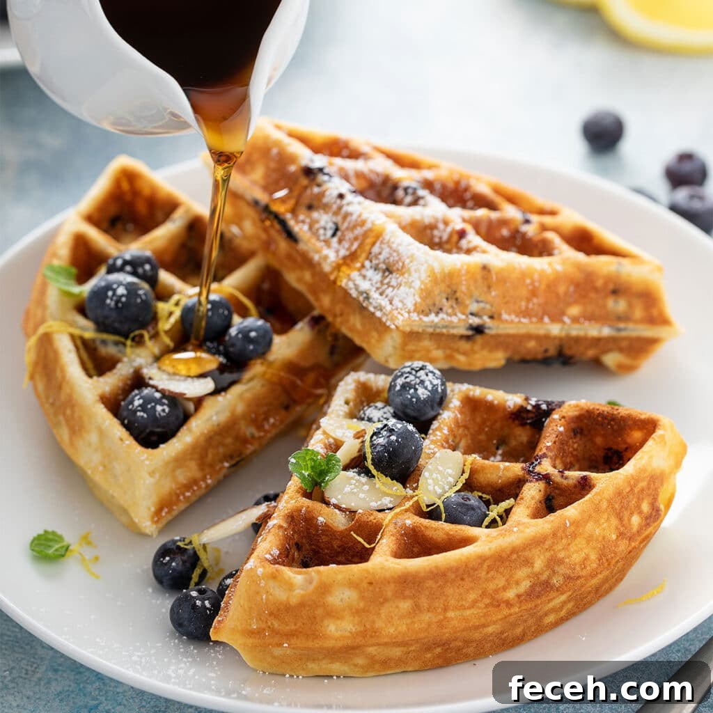 Cook Once, Eat Twice: Budget Meals That Become Delicious Leftovers 9 Maple syrup pouring over lemon blueberry waffles topped with fresh blueberries