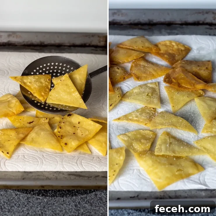 Draining and salting chips on paper towel lined baking sheet.
