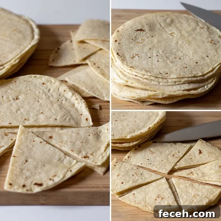 Cutting corn tortillas into triangles, process collage photo.