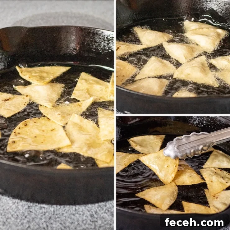 Frying tortilla chips in cast iron pan, process photo collage.