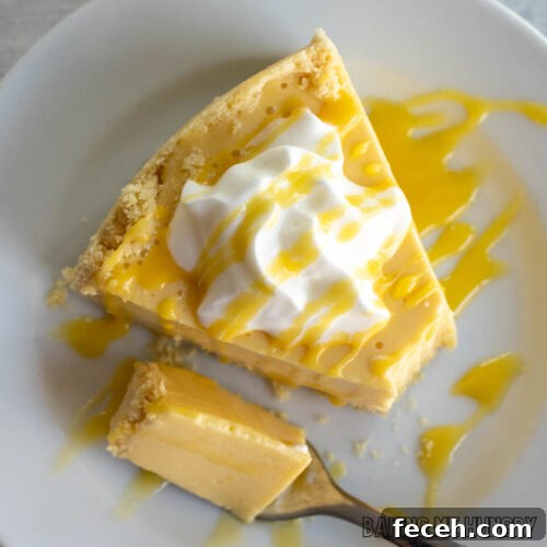 slice of no bake passionfruit cheesecake on a small plate from overhead